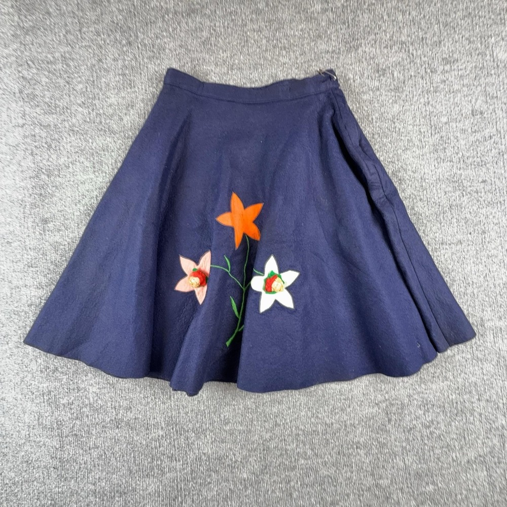 Vintage Derby Skirt Womens Blue Wool Floral Full Flare Knee Length Novelty Doll